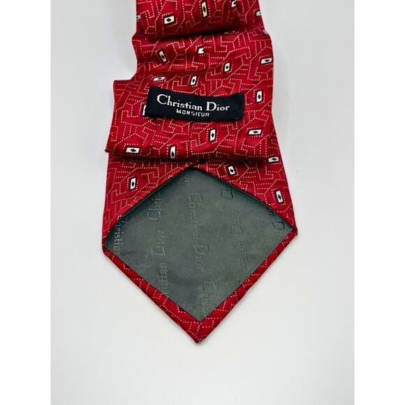 Christian Dior Monsieur Geometric Red Silk Tie Made in USA Fabric VTG - Picture 7 of 10